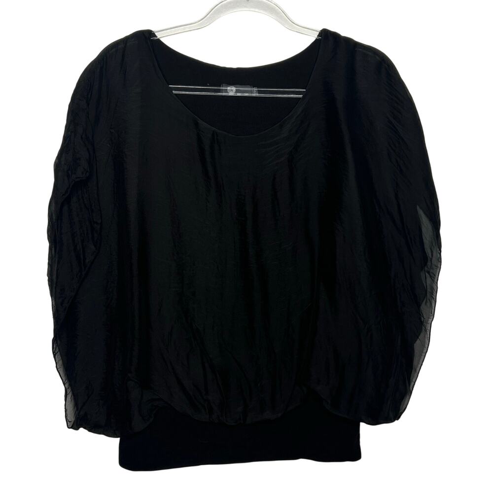 M Made in Italy Ruffle Sleeve Scoop Neckline Blouse Silk Blend Black Size Small - Picture 12 of 13